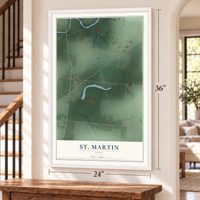 St. Martin, Ohio map, 24 x 36 inch print in a white frame by a staircase