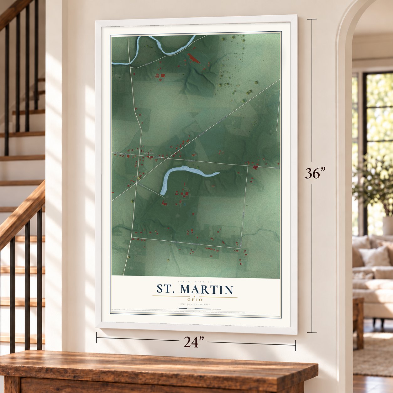 St. Martin, Ohio map, 24 x 36 inch print in a white frame by a staircase