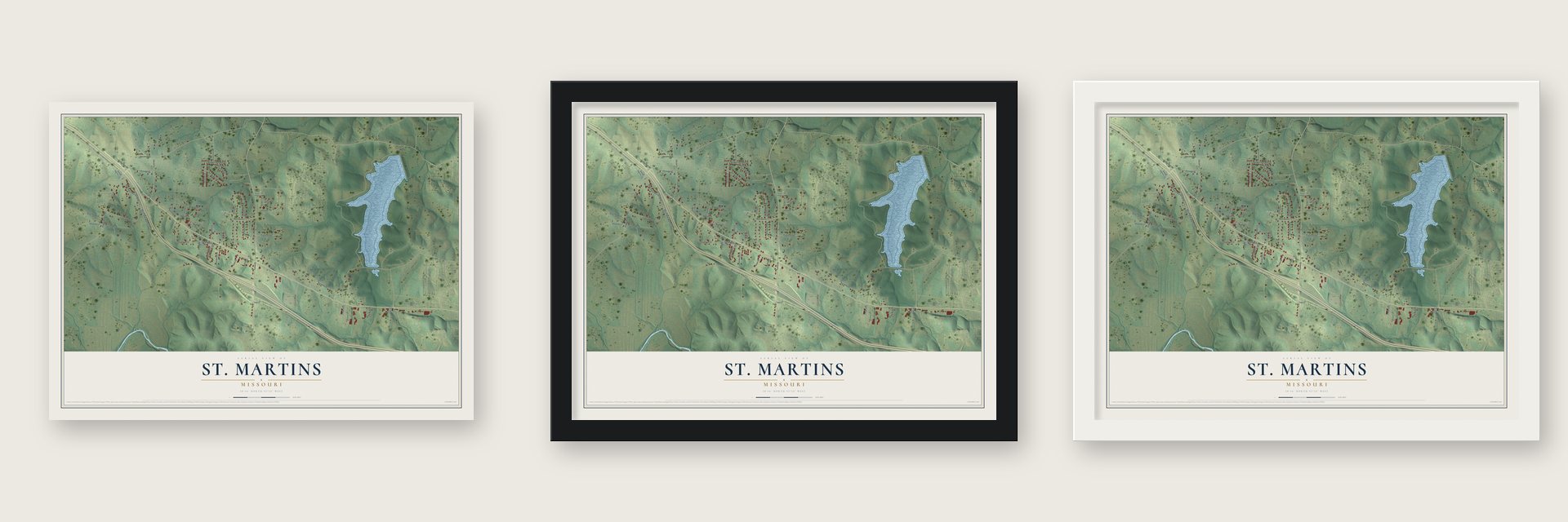 St. Martins, Missouri map unframed, in a black wood frame and in a white wood frame