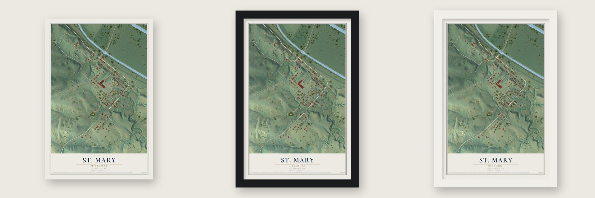 St. Mary, Missouri map unframed, in a black wood frame and in a white wood frame