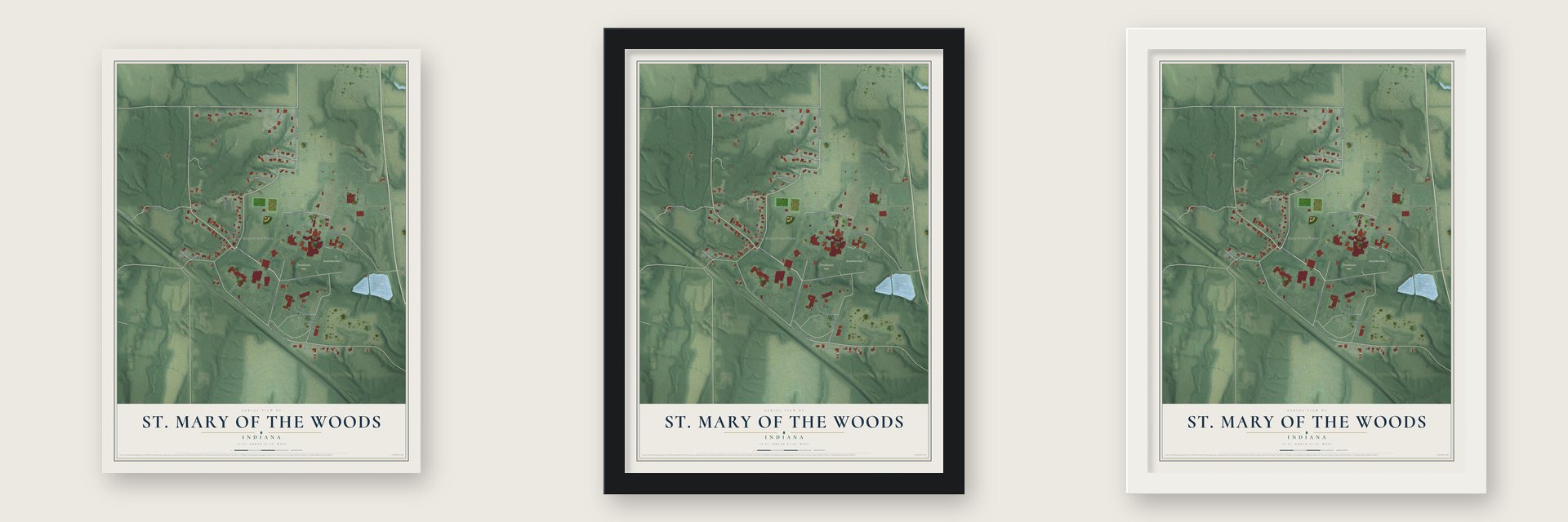 St. Mary of the Woods, Indiana map unframed, in a black wood frame and in a white wood frame