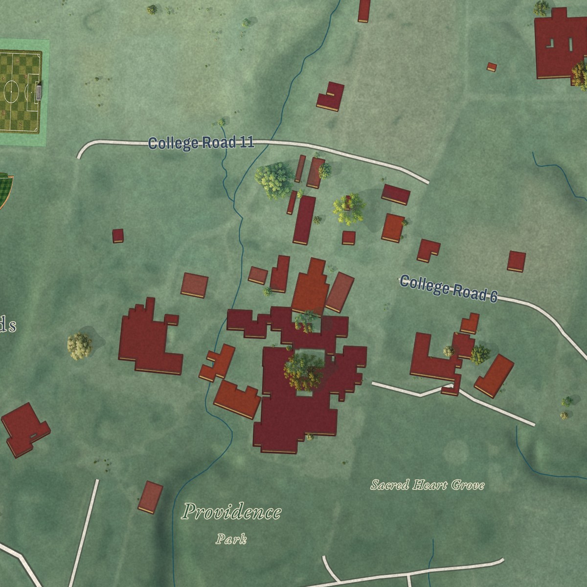 Second close-up of the map of St. Mary of the Woods, Indiana print showing more streets and buildings