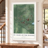St. Mary of the Woods, Indiana map, 24 x 36 inch print in a white frame by a staircase