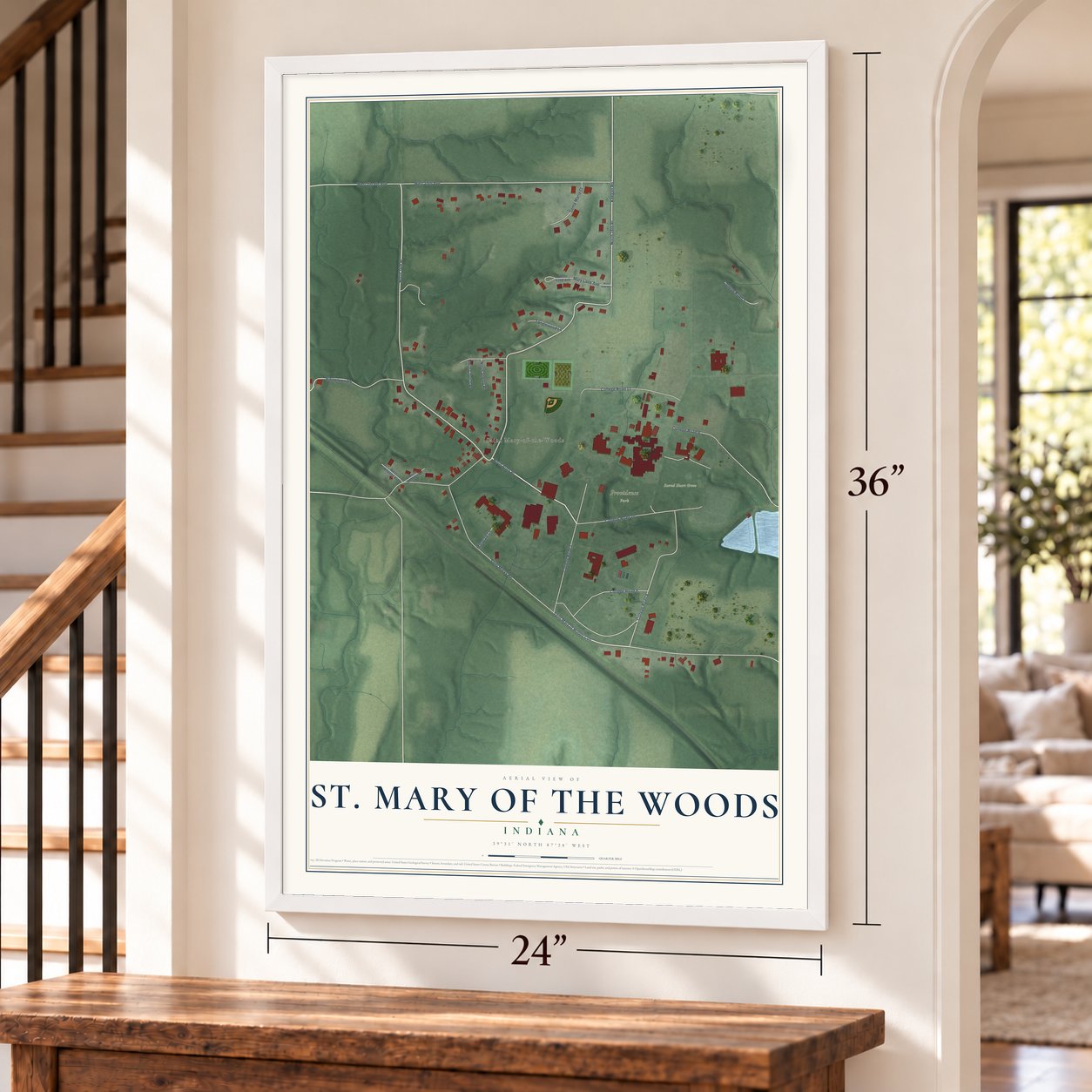 St. Mary of the Woods, Indiana map, 24 x 36 inch print in a white frame by a staircase