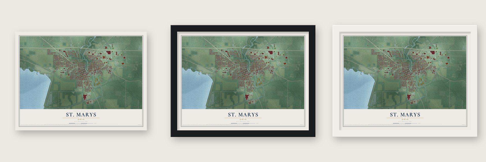 St. Marys, Ohio map unframed, in a black wood frame and in a white wood frame
