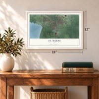 St. Marys, Ohio map, 12 x 18 inch print in a white frame in an entryway
