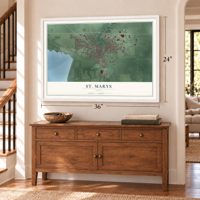St. Marys, Ohio map, 24 x 36 inch print in a white frame above a dresser by a staircase