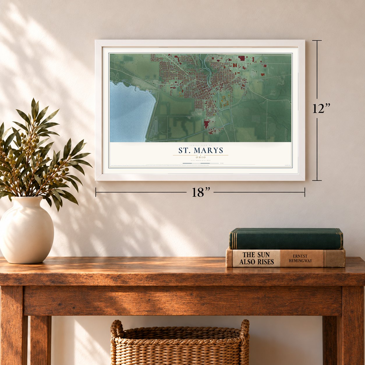 St. Marys, Ohio map, 12 x 18 inch print in a white frame in an entryway
