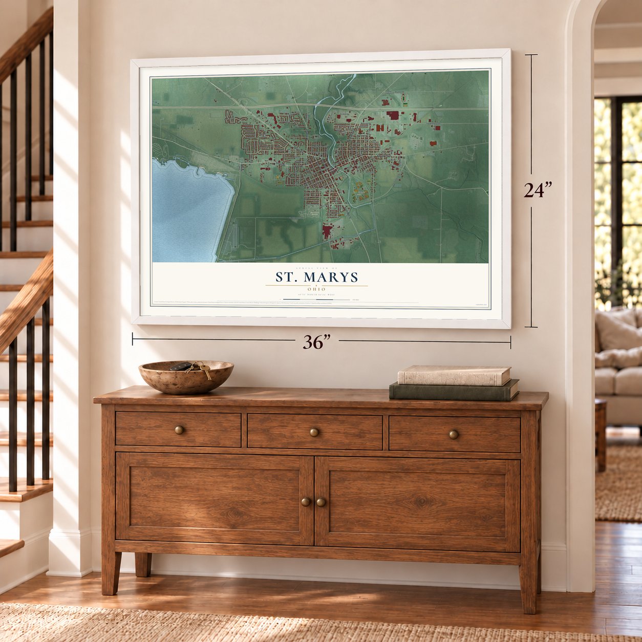 St. Marys, Ohio map, 24 x 36 inch print in a white frame above a dresser by a staircase