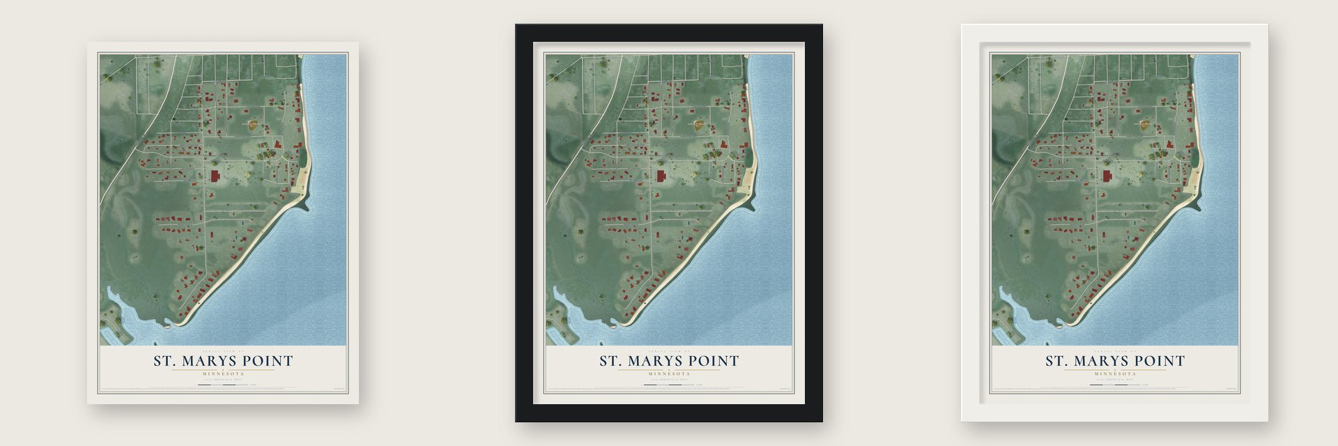 St. Marys Point, Minnesota map unframed, in a black wood frame and in a white wood frame