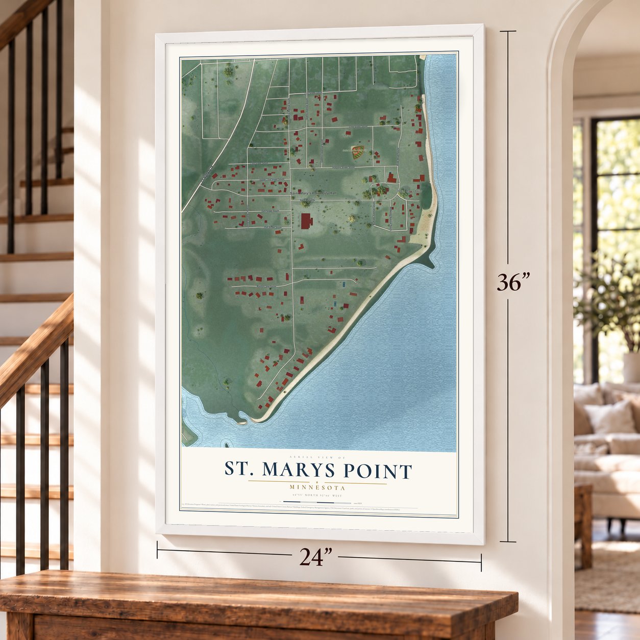 St. Marys Point, Minnesota map, 24 x 36 inch print in a white frame by a staircase