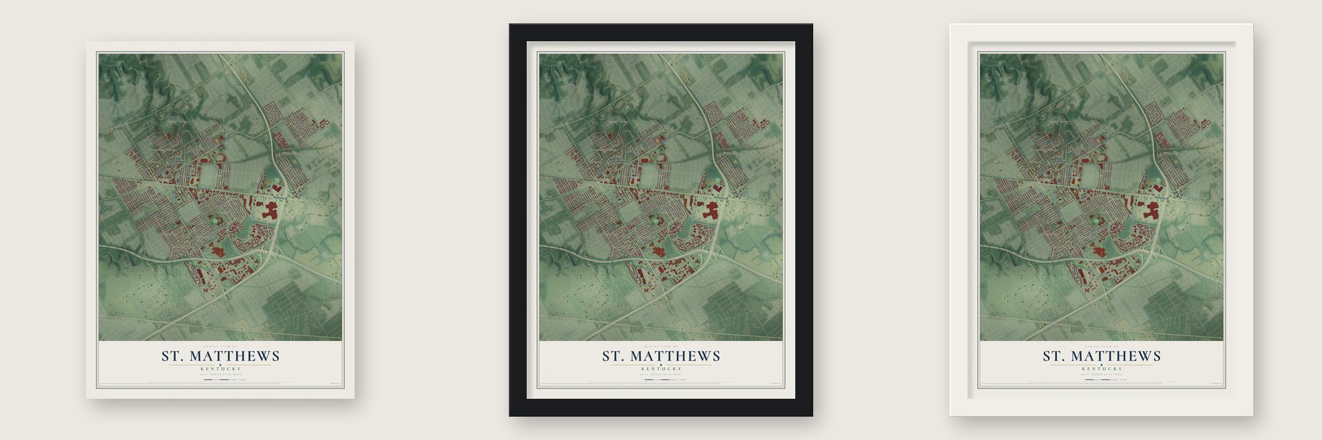 St. Matthews, Kentucky map unframed, in a black wood frame and in a white wood frame