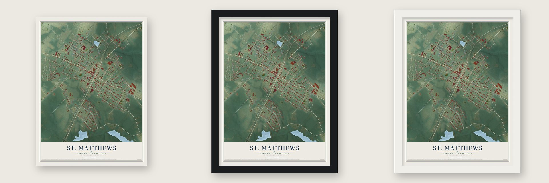 St. Matthews, South Carolina map unframed, in a black wood frame and in a white wood frame