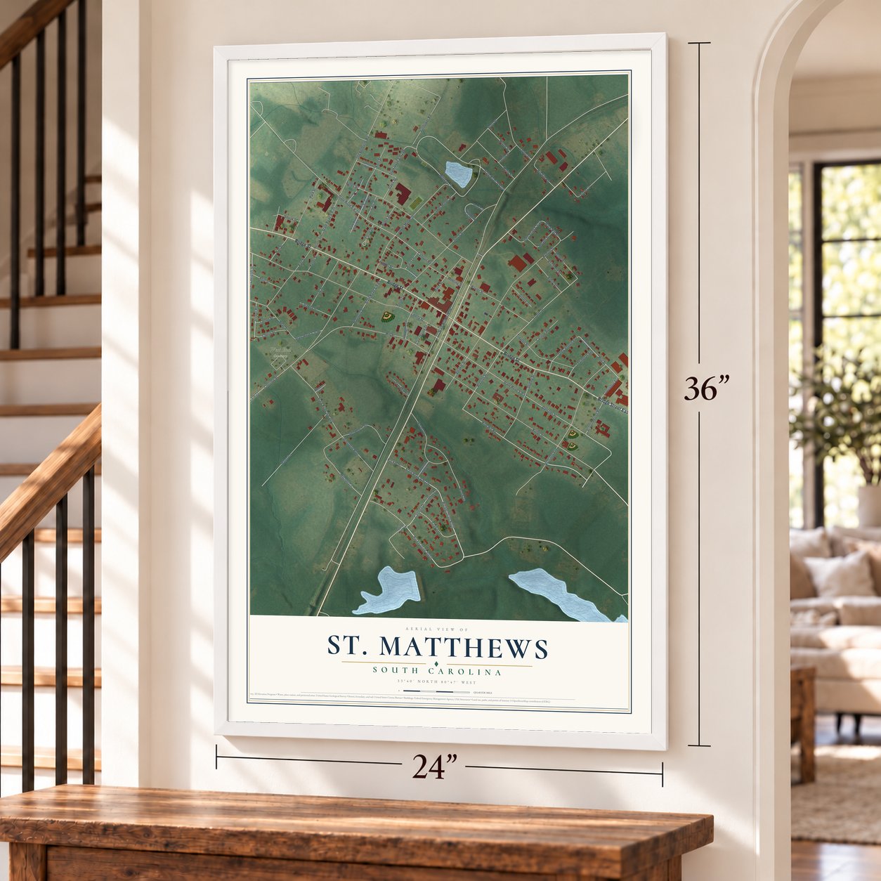 St. Matthews, South Carolina map, 24 x 36 inch print in a white frame by a staircase