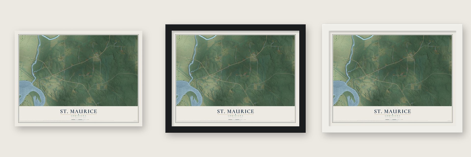 St. Maurice, Louisiana map unframed, in a black wood frame and in a white wood frame