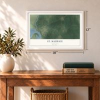 St. Maurice, Louisiana map, 12 x 18 inch print in a white frame in an entryway