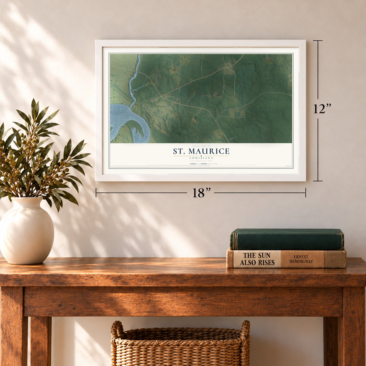 St. Maurice, Louisiana map, 12 x 18 inch print in a white frame in an entryway