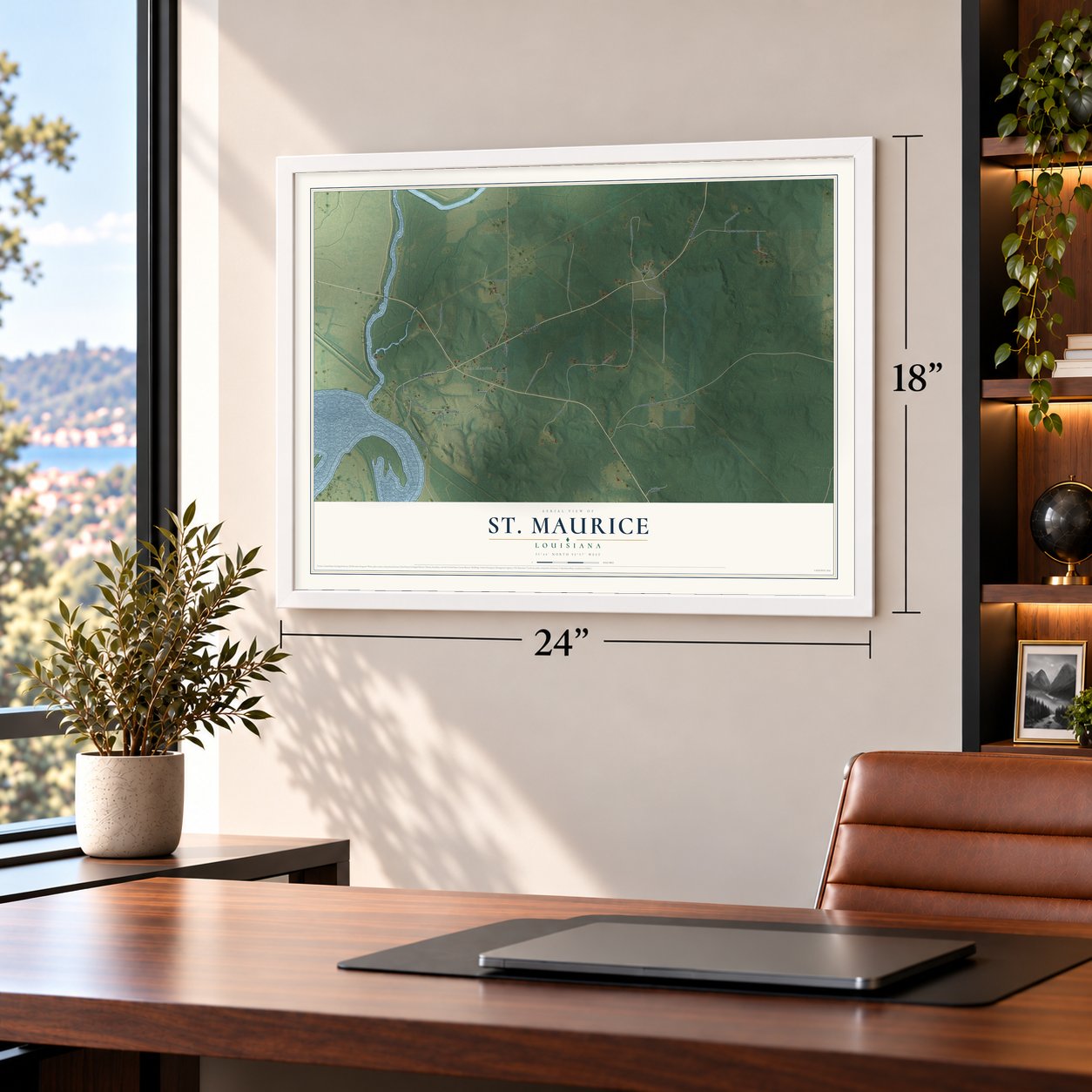 St. Maurice, Louisiana map, 18 x 24 inch print in a white frame in a home office