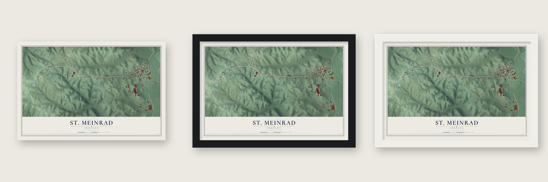 St. Meinrad, Indiana map unframed, in a black wood frame and in a white wood frame
