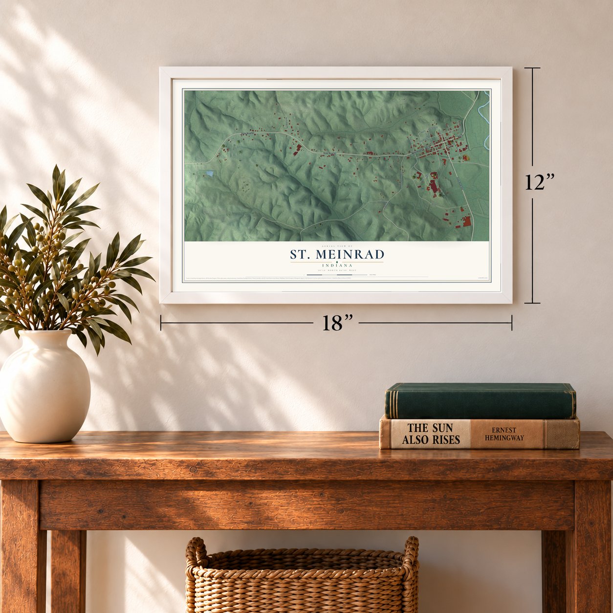 St. Meinrad, Indiana map, 12 x 18 inch print in a white frame in an entryway