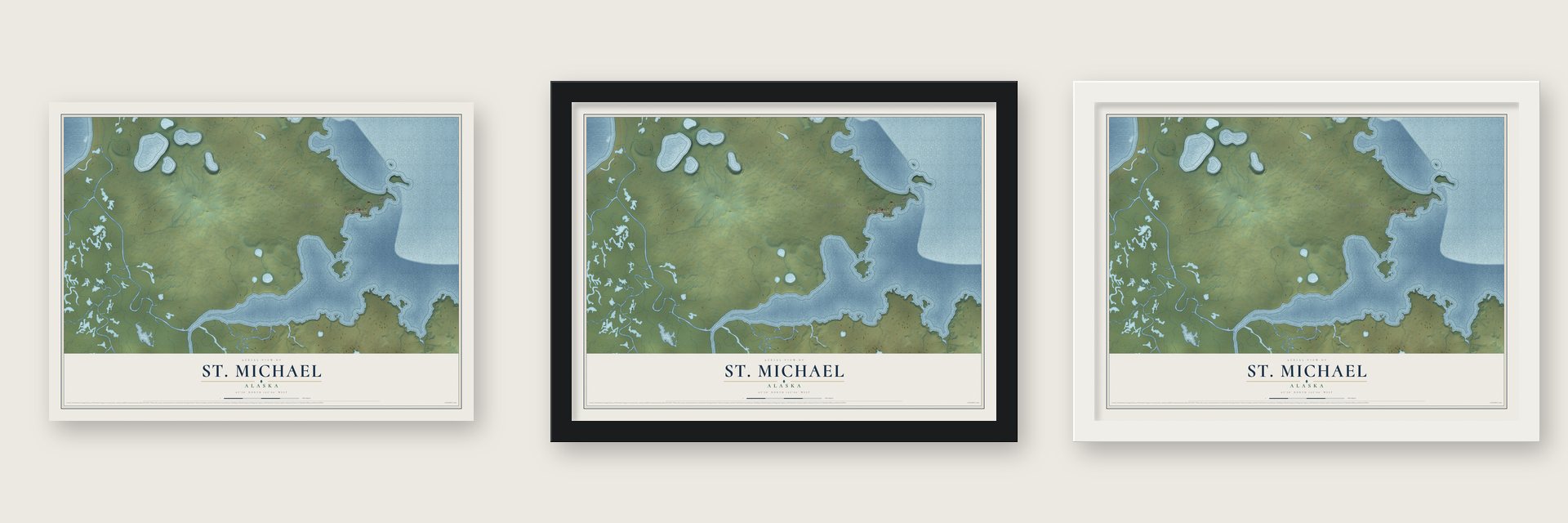 St. Michael, Alaska map unframed, in a black wood frame and in a white wood frame