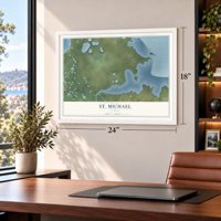 St. Michael, Alaska map, 18 x 24 inch print in a white frame in a home office