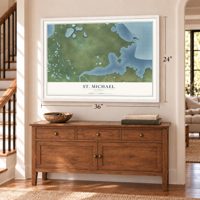 St. Michael, Alaska map, 24 x 36 inch print in a white frame above a dresser by a staircase