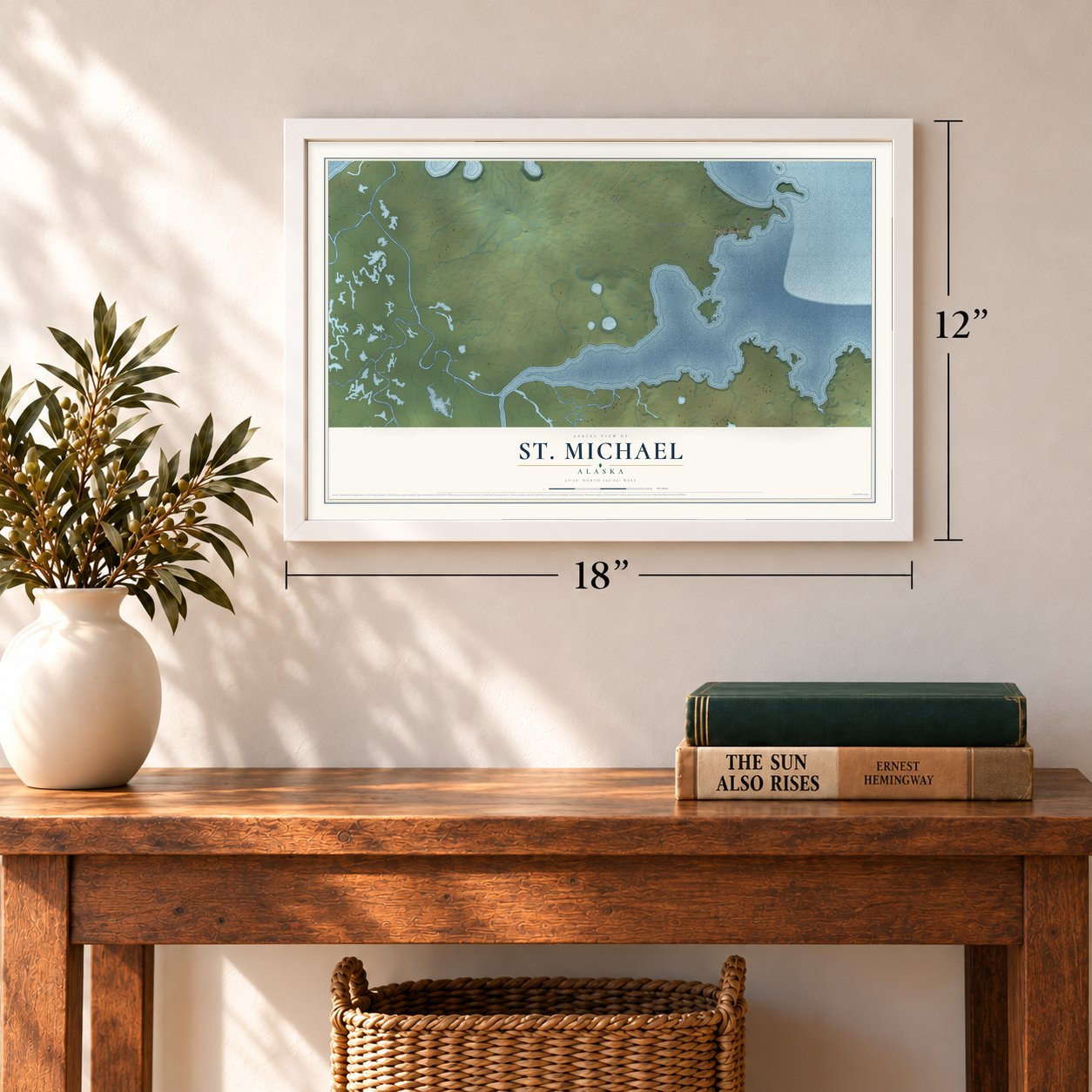St. Michael, Alaska map, 12 x 18 inch print in a white frame in an entryway