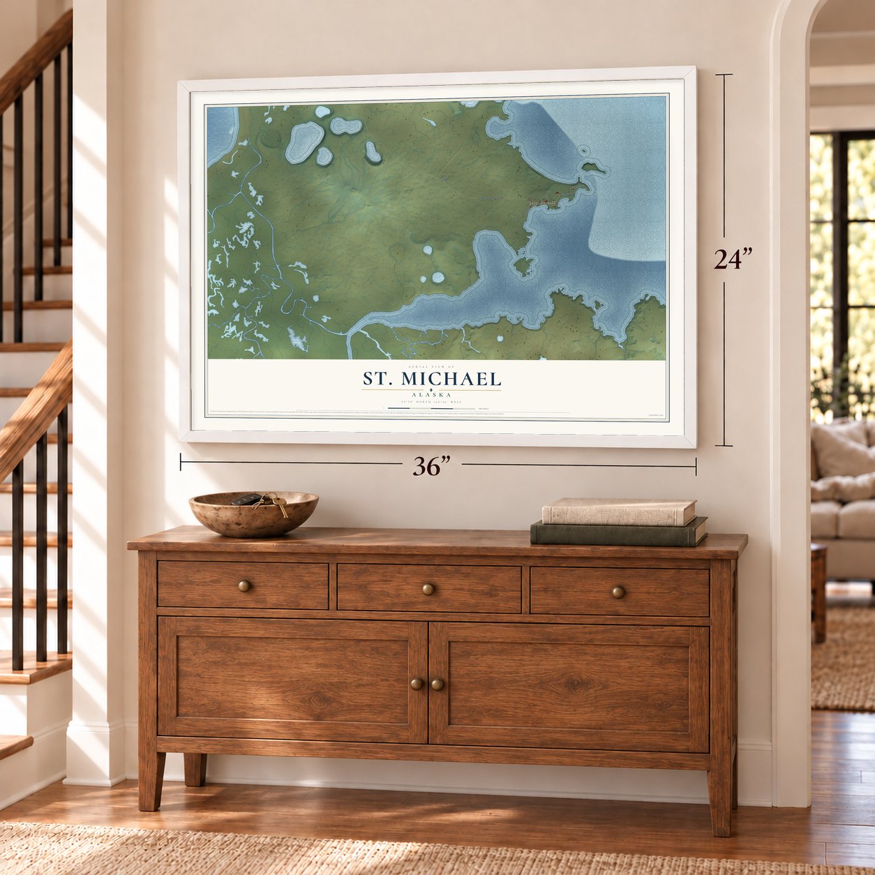 St. Michael, Alaska map, 24 x 36 inch print in a white frame above a dresser by a staircase