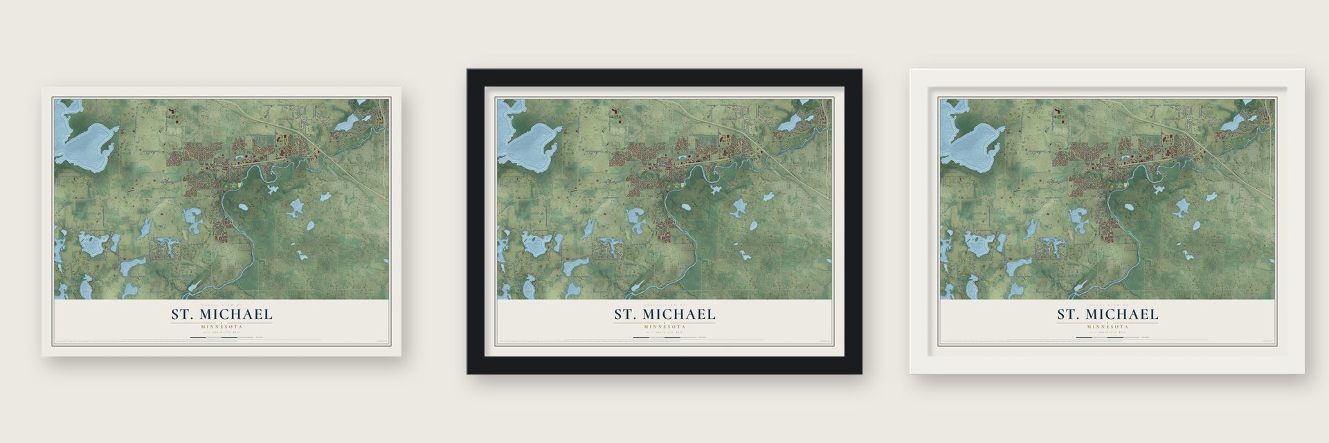 St. Michael, Minnesota map unframed, in a black wood frame and in a white wood frame