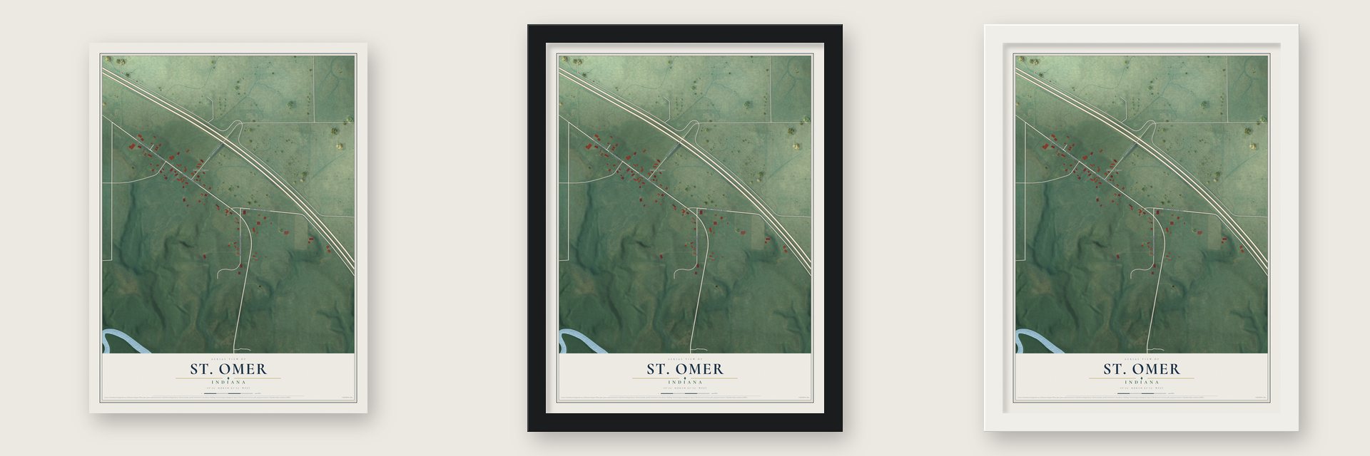 St. Omer, Indiana map unframed, in a black wood frame and in a white wood frame