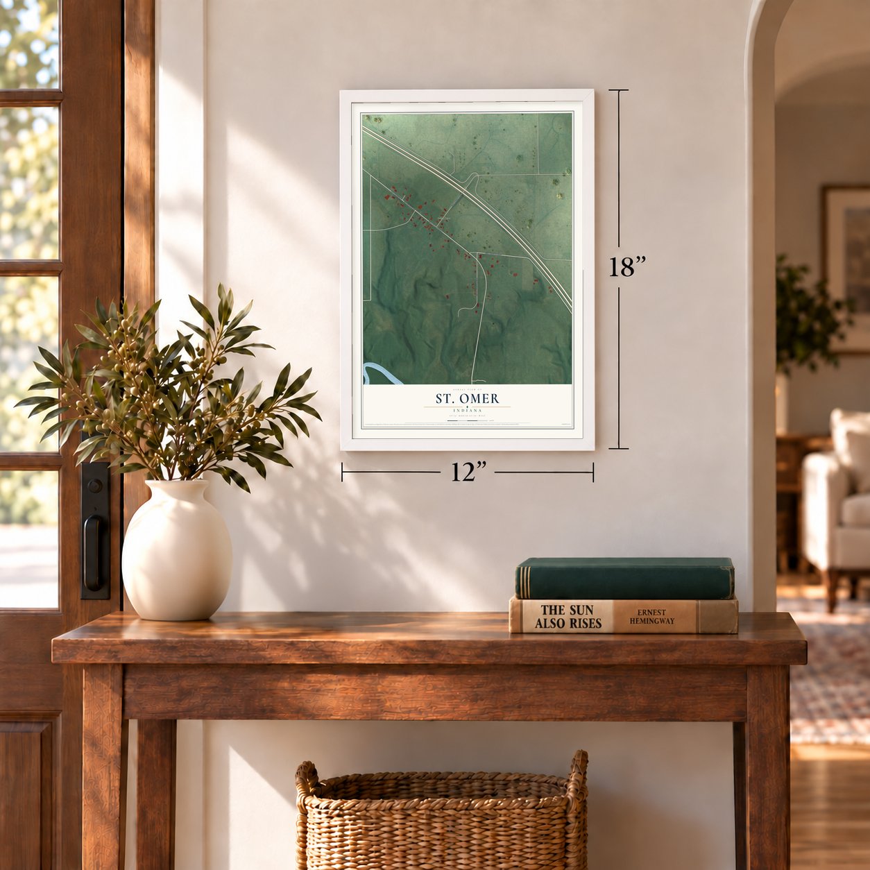 St. Omer, Indiana map, 12 x 18 inch print in a white frame in an entryway