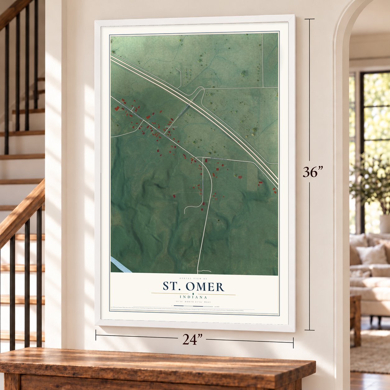 St. Omer, Indiana map, 24 x 36 inch print in a white frame by a staircase