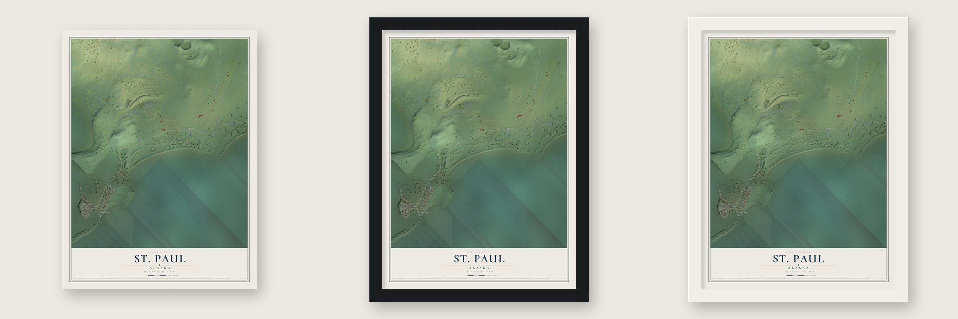 St. Paul, Alaska map unframed, in a black wood frame and in a white wood frame