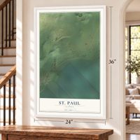 St. Paul, Alaska map, 24 x 36 inch print in a white frame by a staircase