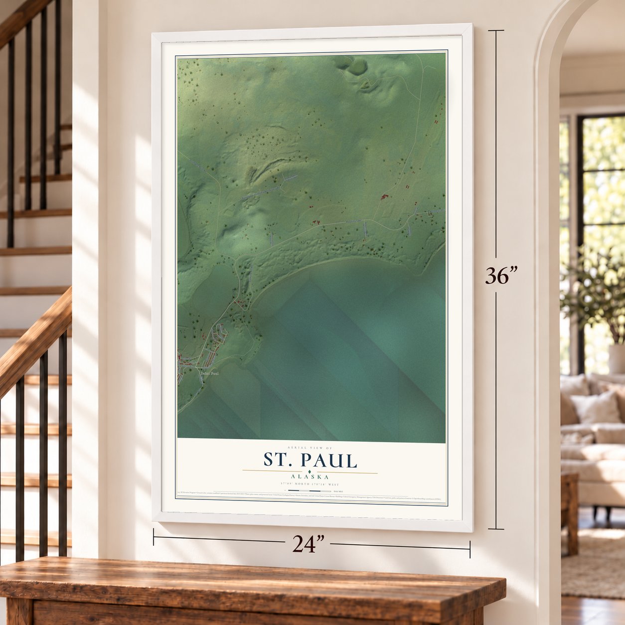 St. Paul, Alaska map, 24 x 36 inch print in a white frame by a staircase