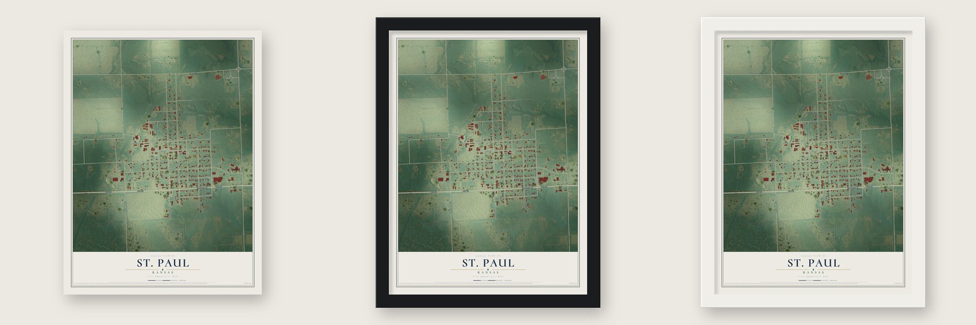 St. Paul, Kansas map unframed, in a black wood frame and in a white wood frame