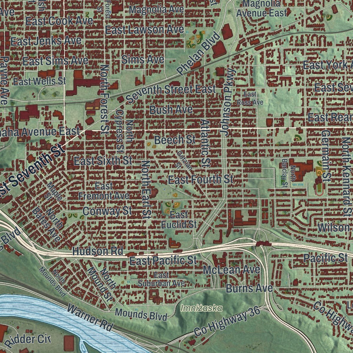 Second close-up of the map of St. Paul, Minnesota print showing more streets and buildings