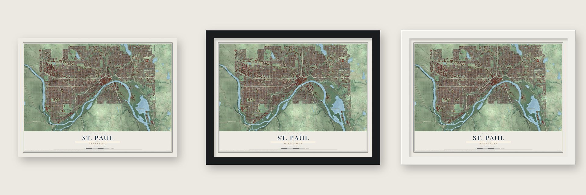 St. Paul, Minnesota map unframed, in a black wood frame and in a white wood frame