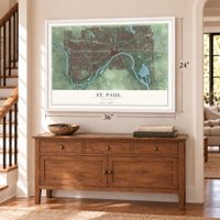 St. Paul, Minnesota map, 24 x 36 inch print in a white frame above a dresser by a staircase