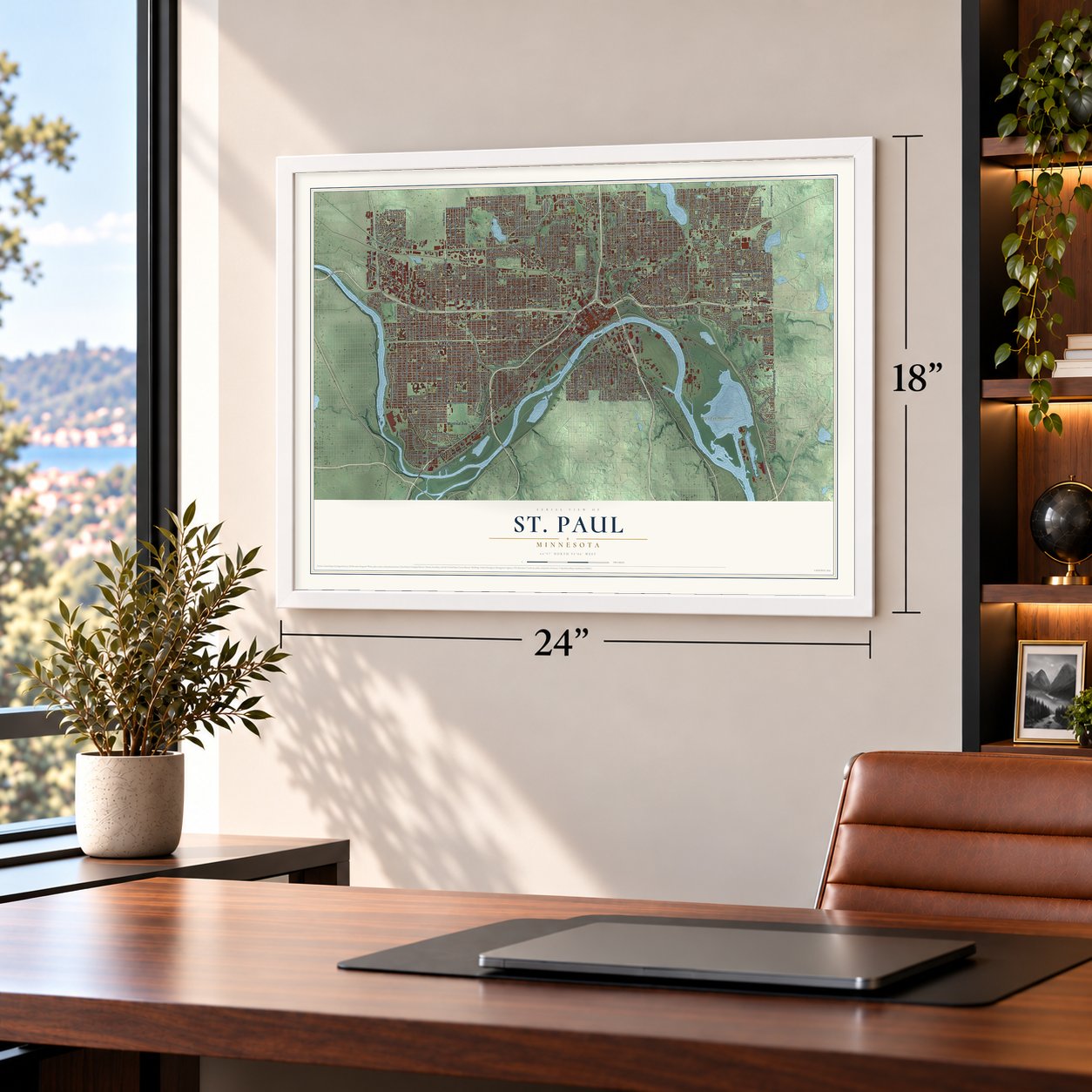 St. Paul, Minnesota map, 18 x 24 inch print in a white frame in a home office