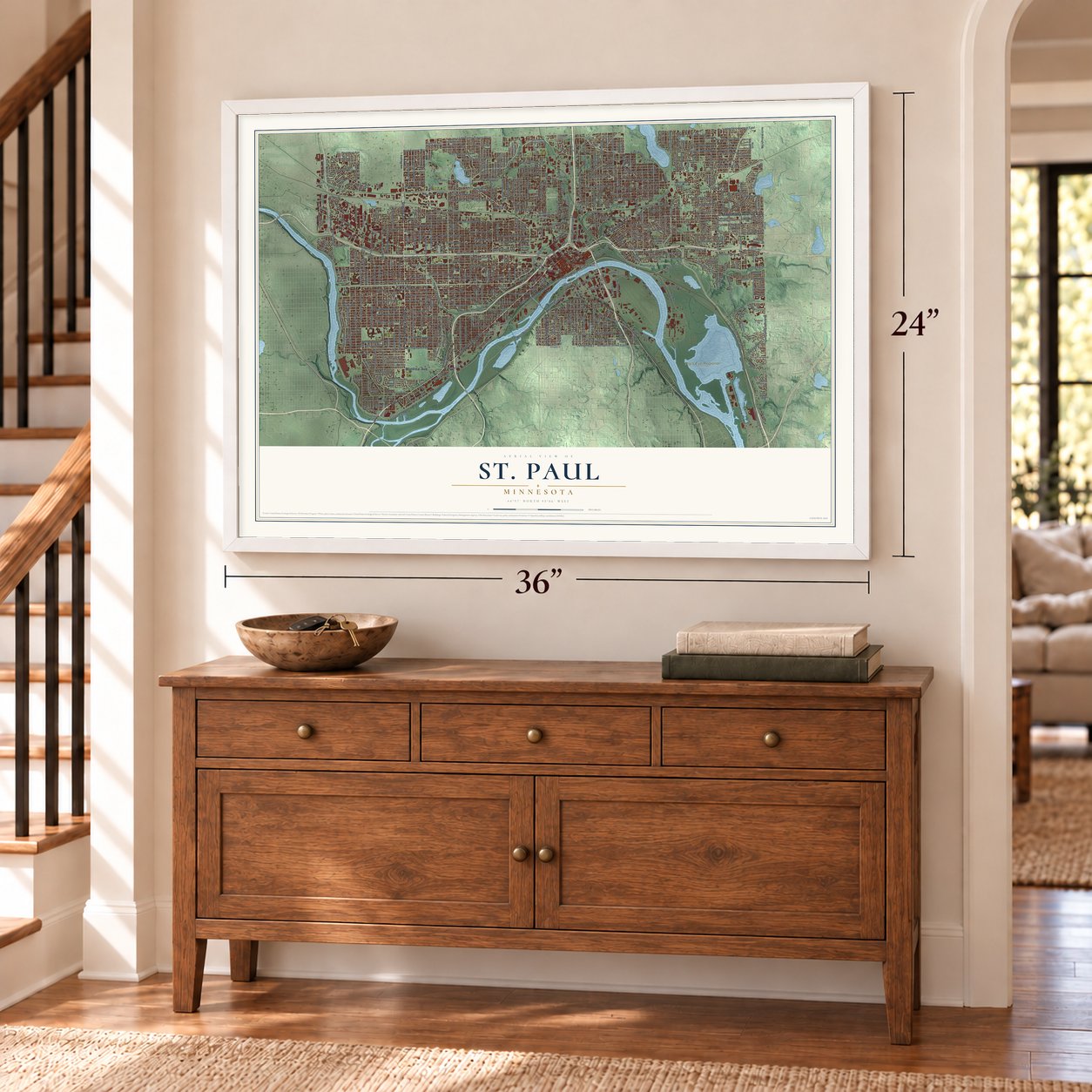 St. Paul, Minnesota map, 24 x 36 inch print in a white frame above a dresser by a staircase