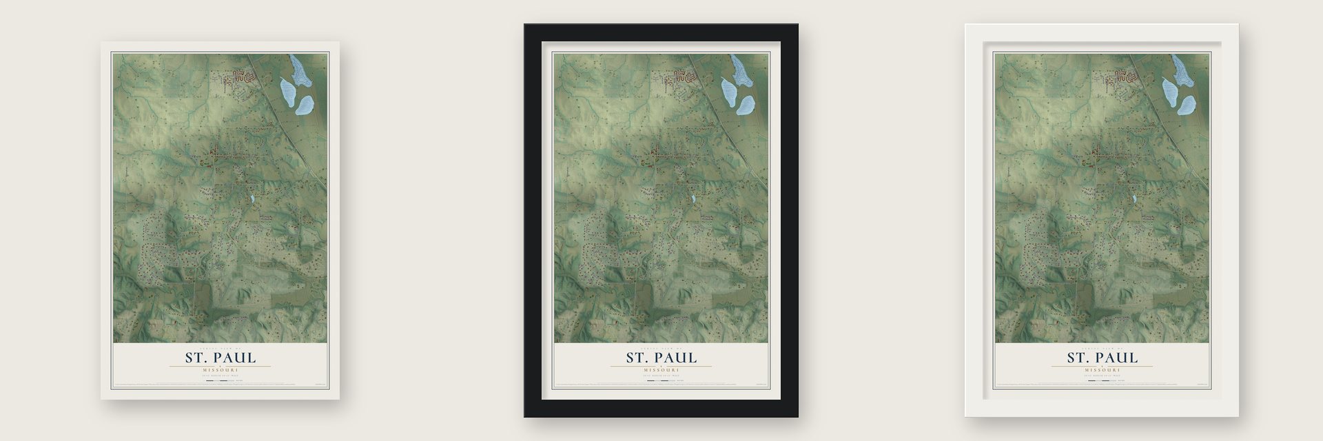 St. Paul, Missouri map unframed, in a black wood frame and in a white wood frame