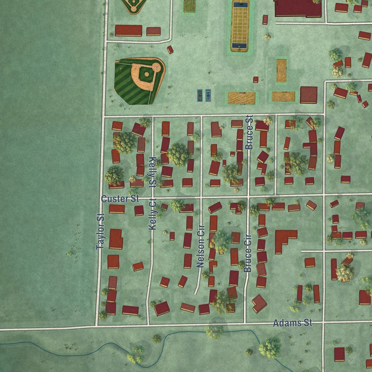 Second close-up of the map of St. Paul, Nebraska print showing more streets and buildings