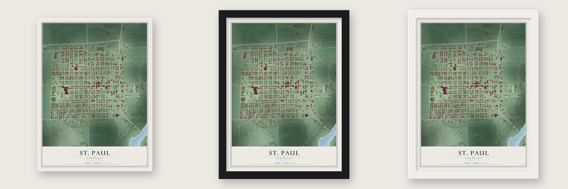 St. Paul, Nebraska map unframed, in a black wood frame and in a white wood frame