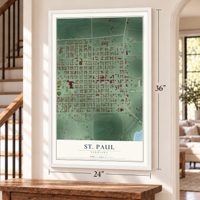 St. Paul, Nebraska map, 24 x 36 inch print in a white frame by a staircase