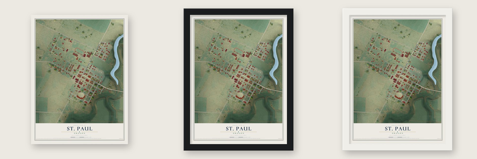 St. Paul, Oregon map unframed, in a black wood frame and in a white wood frame