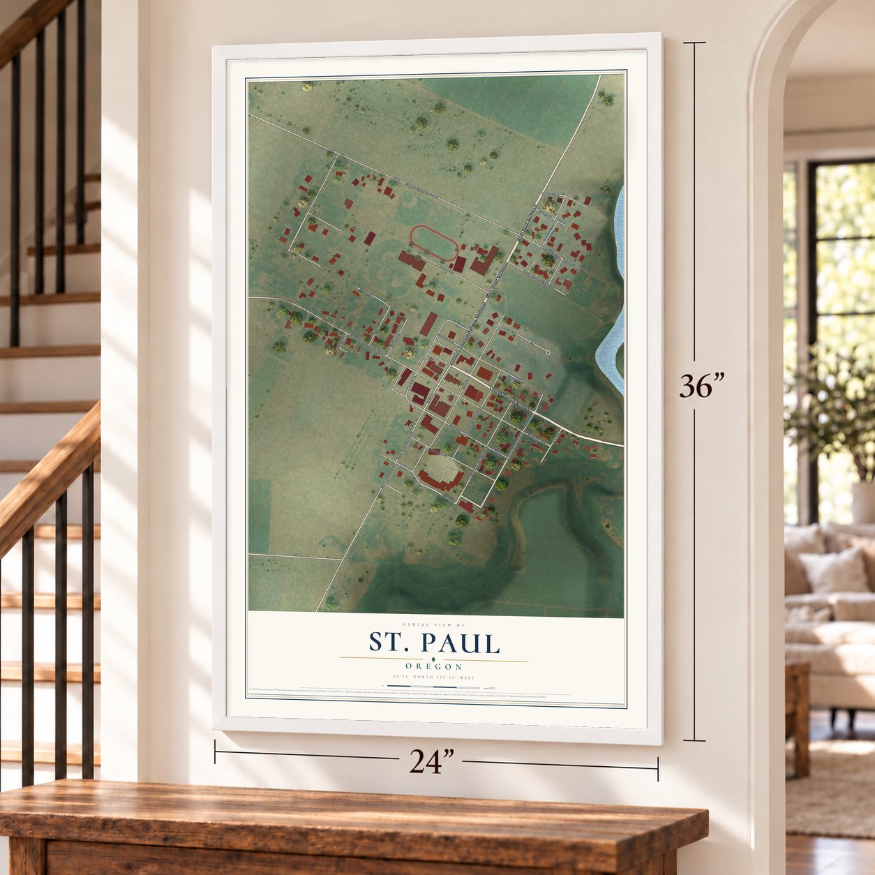 St. Paul, Oregon map, 24 x 36 inch print in a white frame by a staircase