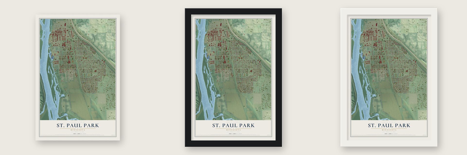 St. Paul Park, Minnesota map unframed, in a black wood frame and in a white wood frame