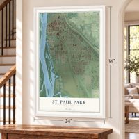 St. Paul Park, Minnesota map, 24 x 36 inch print in a white frame by a staircase